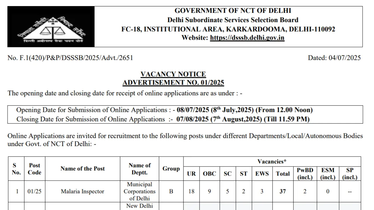 DSSSB Advt 01_2025 Notification