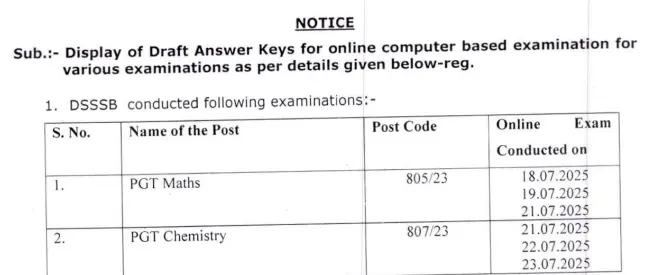 DSSSB Answe Key Exam Date 18 to 23 July 2025
