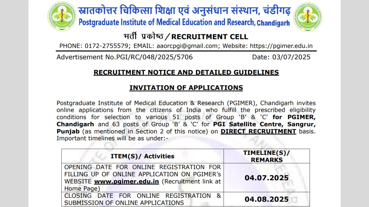 PGIMER Chandigarh Group B and C Recruitment 2025