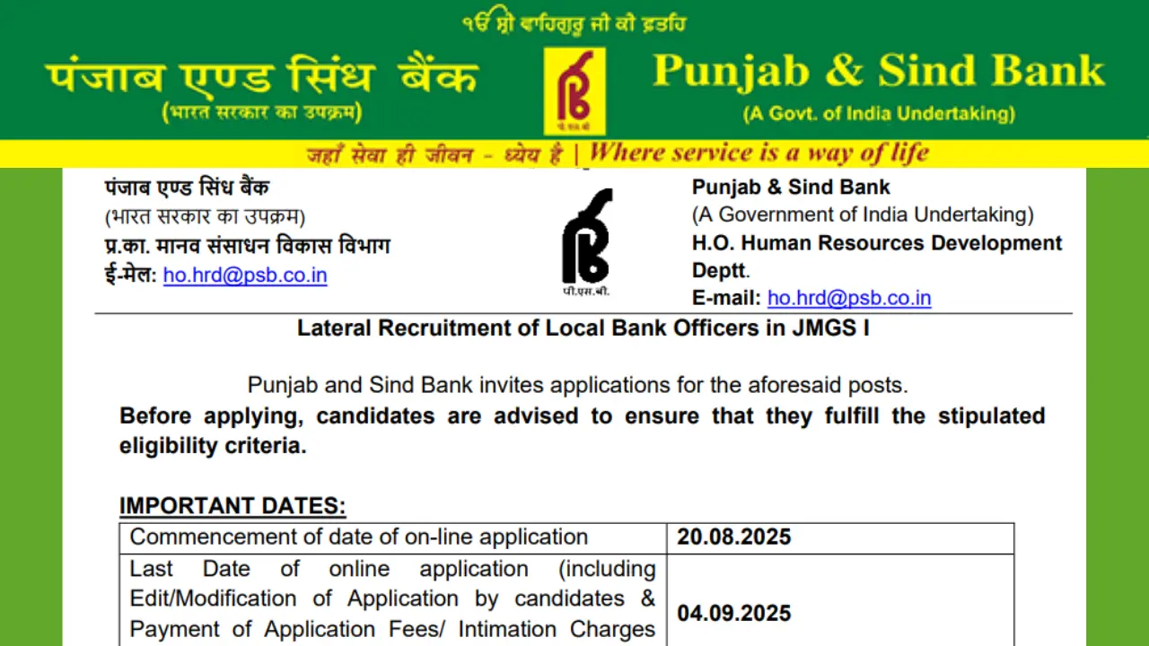 Punjab And Sind Bank Local Bank Officer (LBO) Recruitment 2025