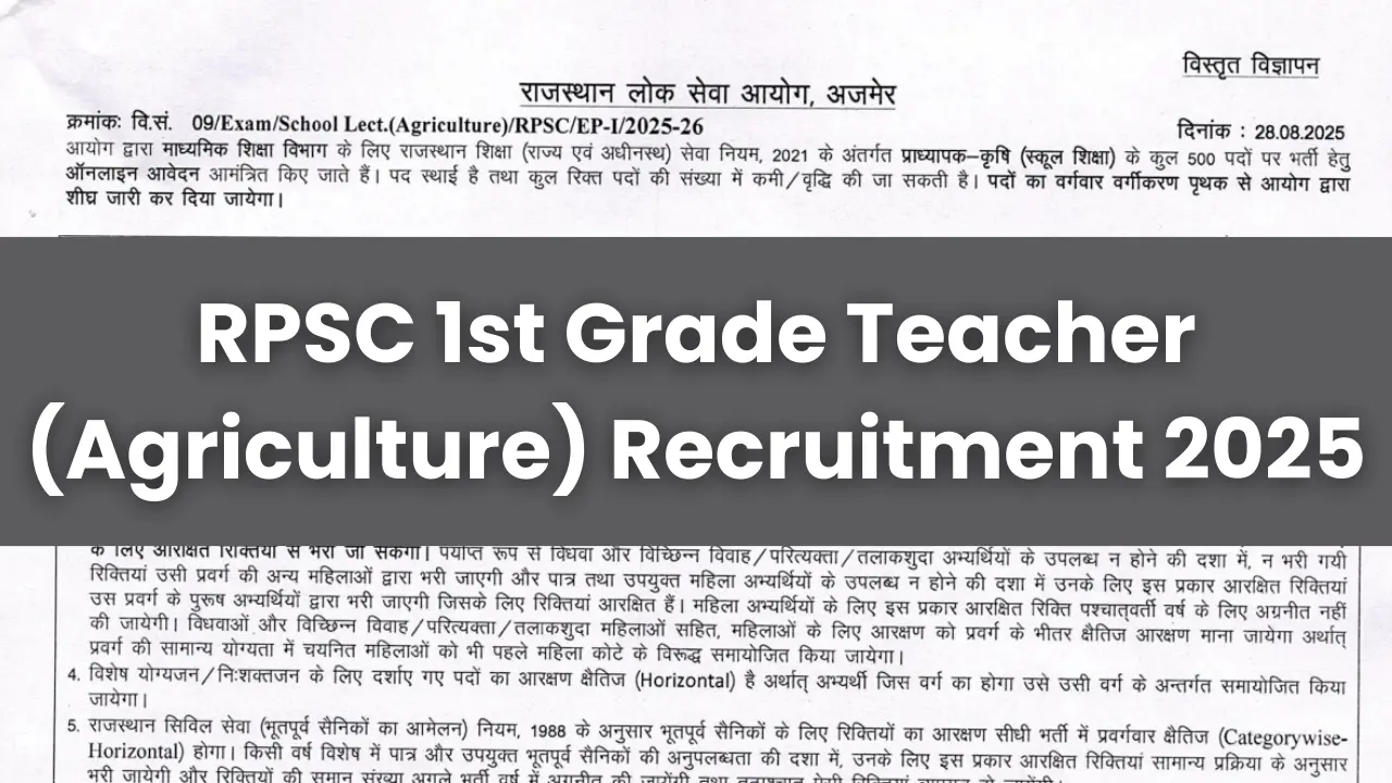 RPSC 1st Grade Teacher (Agriculture) Recruitment 2025
