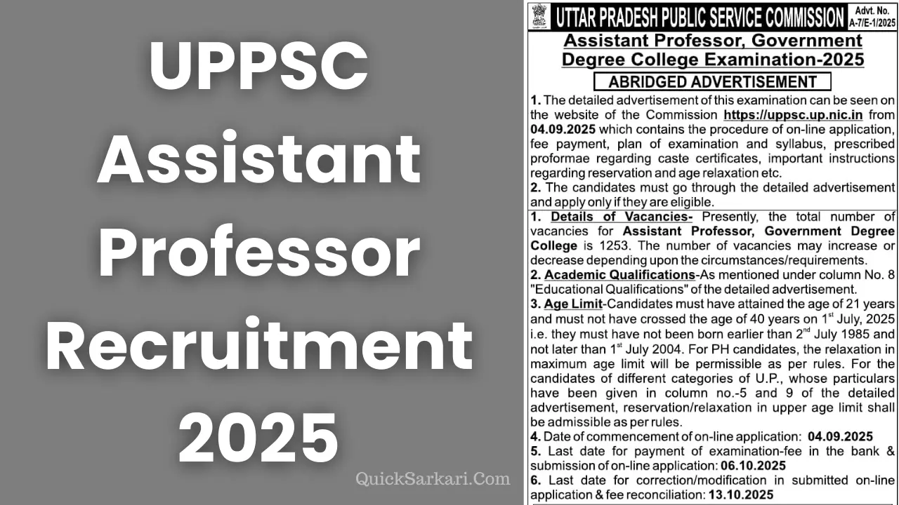 UPPSC Assistant Professor Recruitment 2025 Goverment Degree College 1253 Post