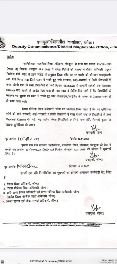 Haryana Pollution School Close News 14 November District 1