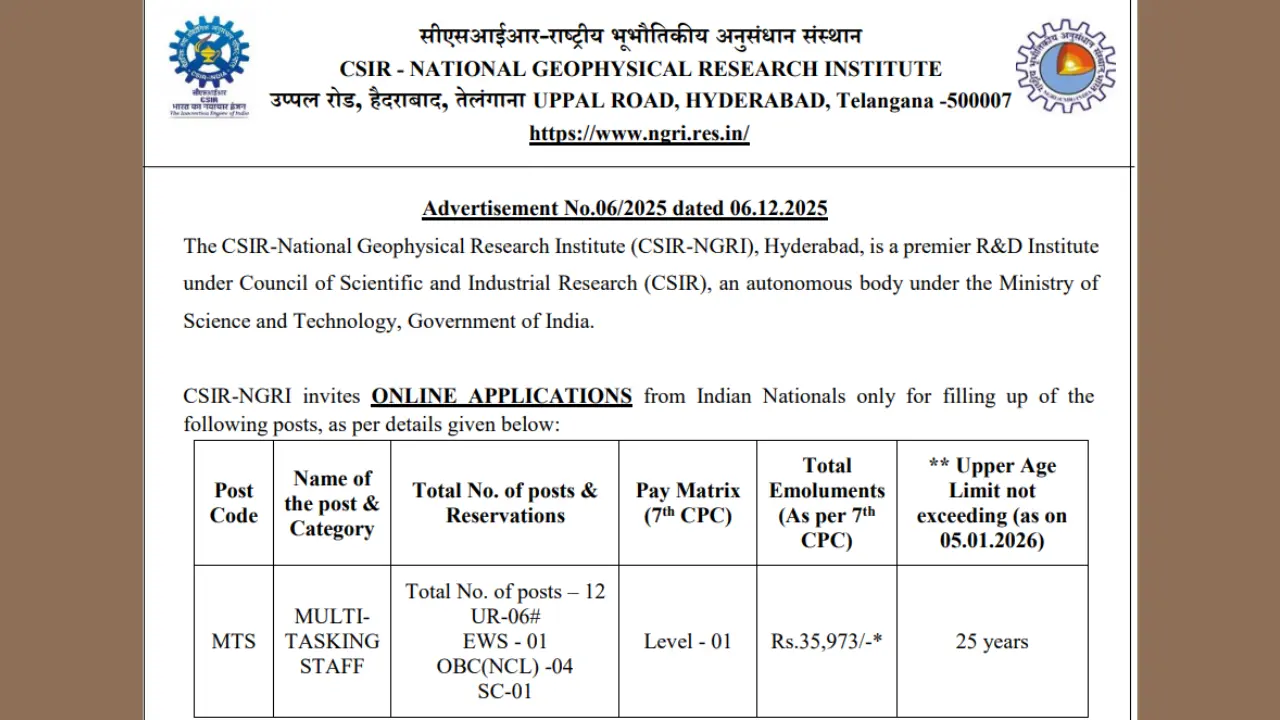 CSIR NGRI MTS Recruitment 2025