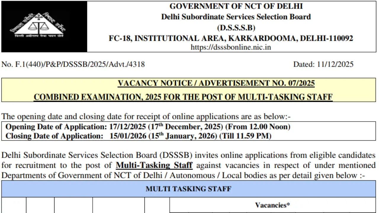 DSSSB MTS Recruitment 2025-26