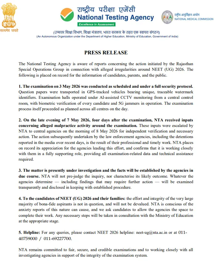 NTA NEET UG 2026 Scam Clarification Notice 10 May