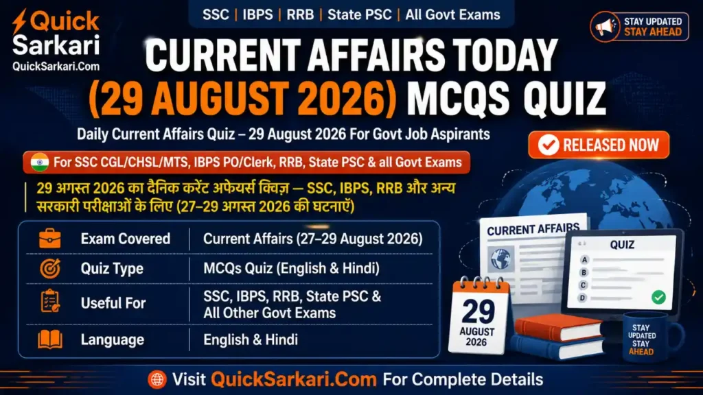 Current Affairs Today (29 August 2026) MCQs Quiz For Govt Job Aspirants in English & Hindi