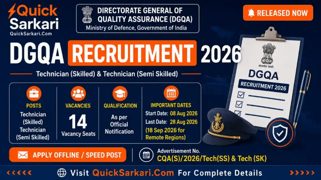 DGQA Recruitment 2026 Technician Notification For Semi-Skilled & Skilled