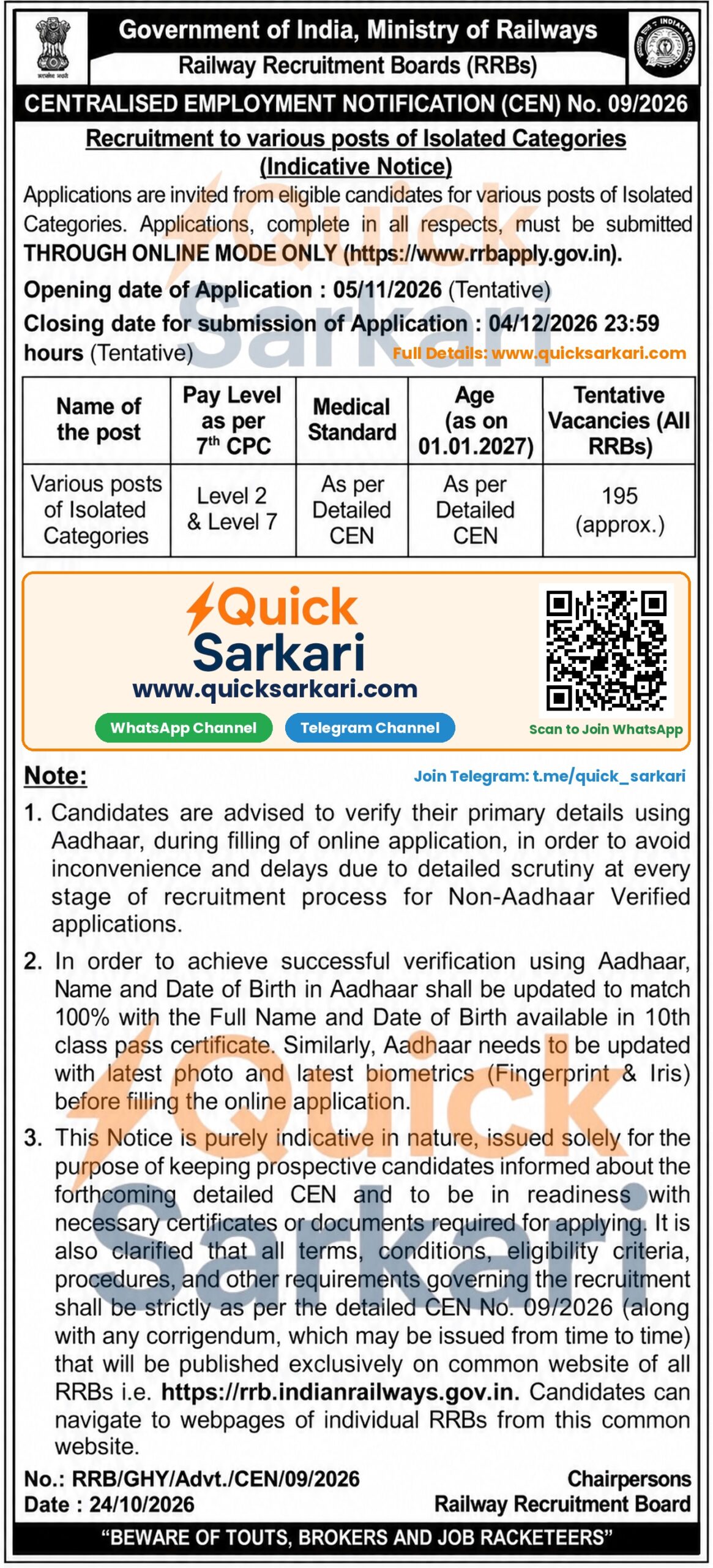 RRB Isolated Categories Recruitment CEN 09/2026 Notification OUT For ...